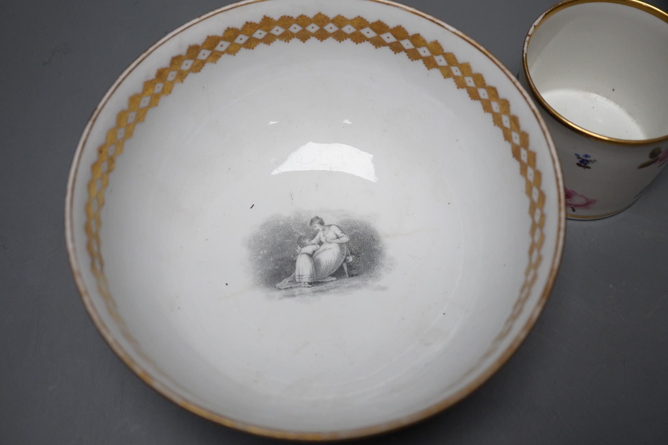 An interesting Regency porcelain bowl printed with two chariots, one pulled by sheep having a man perhaps from the aristocracy of the time, the other side with a woman in the chariot pulled by two birds, a Barr Worcester